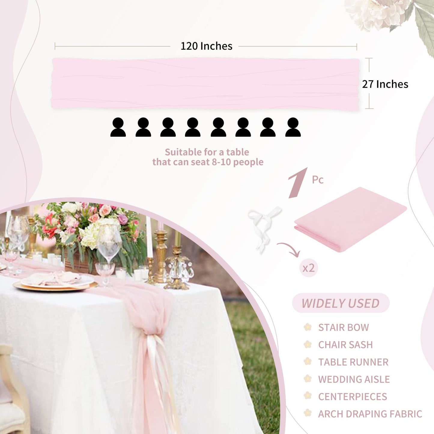 Chiffon Table Runner 1 Piece 27x120 Inches Pink Rustic Sheer Fabric for Wedding Baby Shower Birthday Party Cake Table Decoration