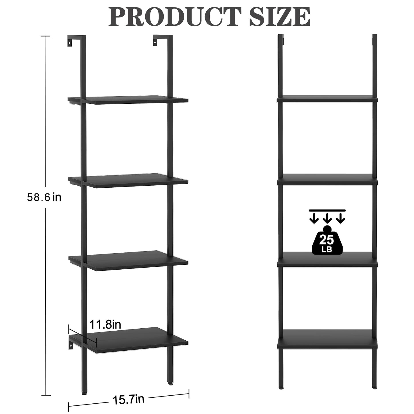 Ladder Shelf 4 Tiers Metal Industrial Bookshelf,Black Wooden Tall Open Storage Rack and Display Shelves,Wall Mount Wide Book Case for Home Office Bedroom,Small
