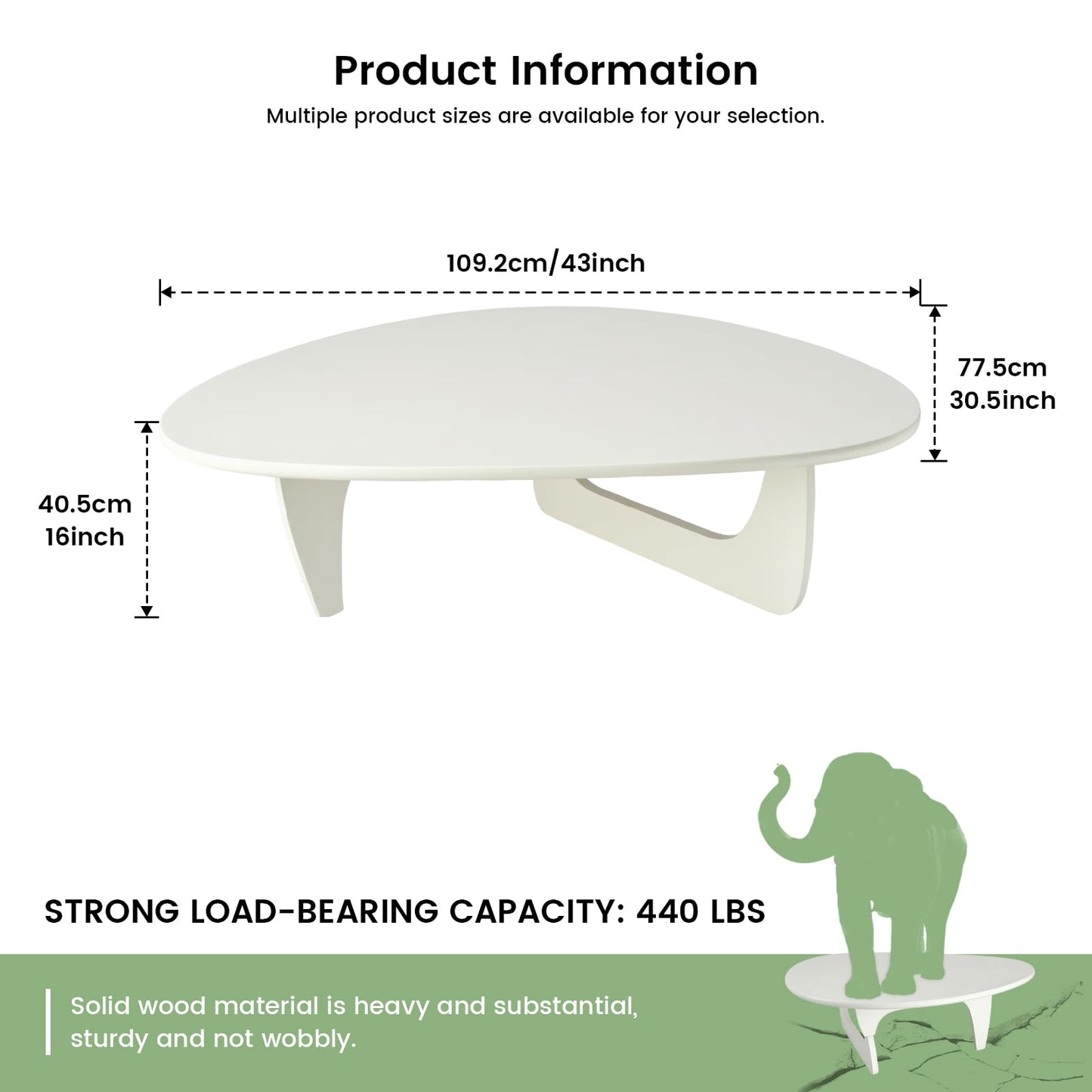 Solid Wood Triangle Coffee Table,Unique Mid Century Modern Oval Coffee Table,Irregular Geometric Tea Tables for Home Living Room with Wooden Tabletop and Reinforced Legs White 43" L x 31" W x 16" H