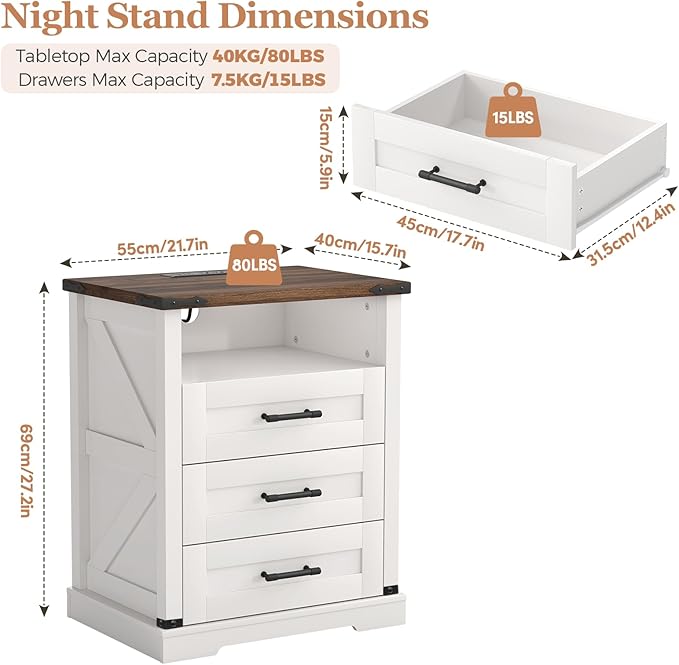 Turosur Night Stand with Charging Station 22" Large Farmhouse Nightstands with