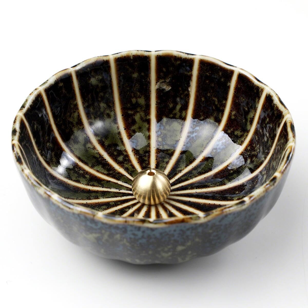 Asayu Japan Lotus Incense Holder for Sticks 4.1 inch (105mm), Traditional Made in Japan Ceramic Ash Catcher and Brass Incense Burner Set - Green Lotus