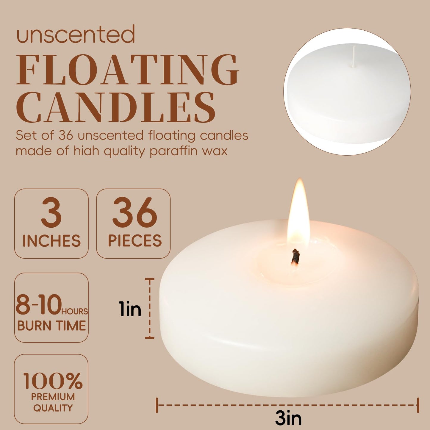 3 inch Floating Candles 36 Packs Black Floating Candles 8-9 Hours Floating Candle for Centerpieces 3” Water Candles for Cylinder Vases, Pool, Wedding, Party
