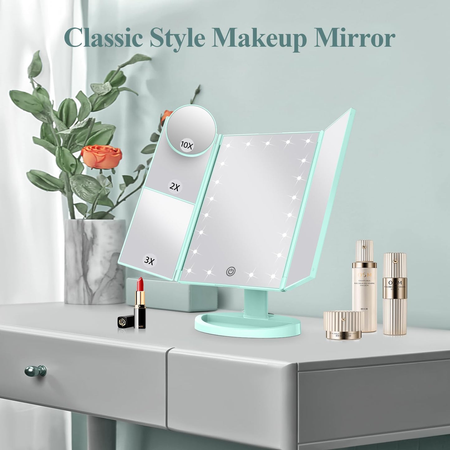 HUONUL Makeup Mirror, Vanity Mirror with Lights, 2X/3X/10X Magnification, Touch Control, Trifold Mirror, Dual Power Supply, Valentines Day Gifts for Her,Gifts for Women, Wife, Mom, Teengirls
