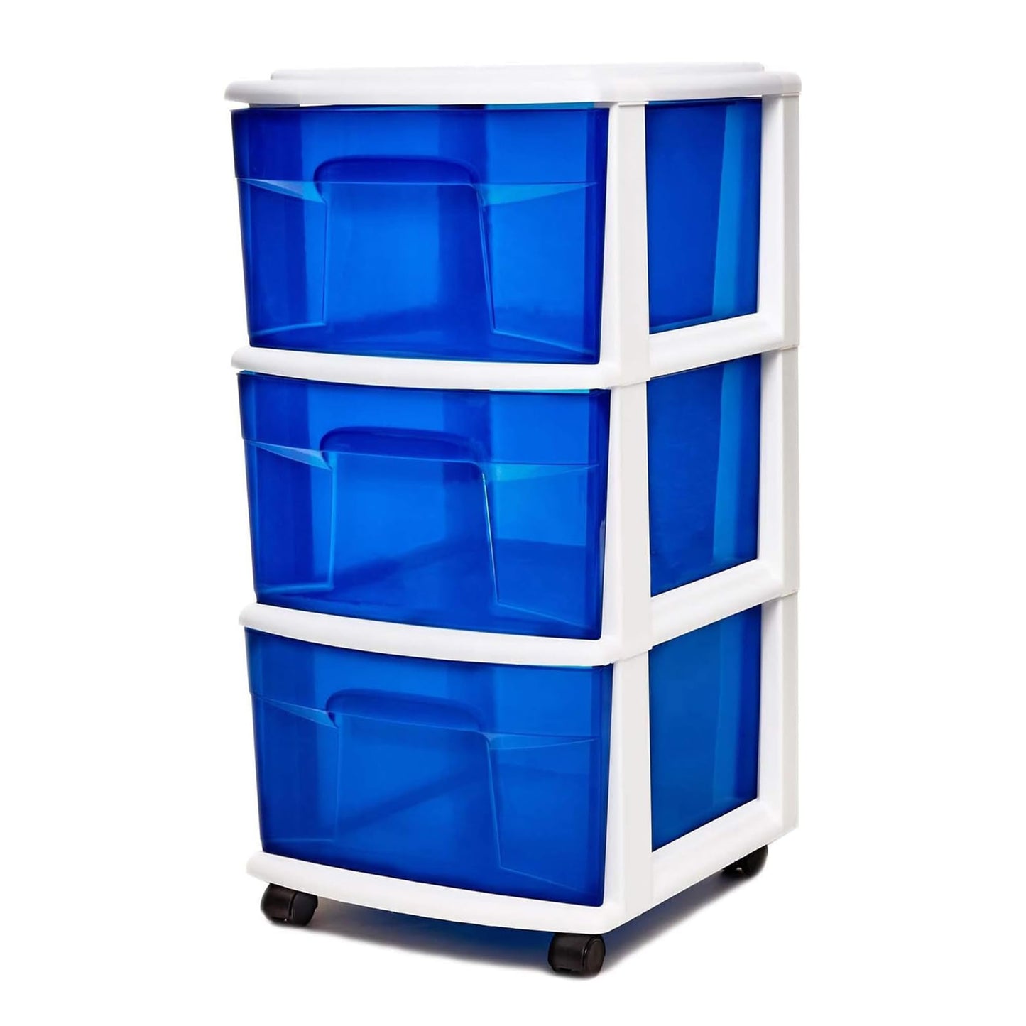 HOMZ Drawer Tower, 3-Tier Clear Blue Plastic Storage Organizer Cart, White Frame - Rolling Drawer Containers with Wheels for Bathroom, Bedroom, Office, and Classroom Organization