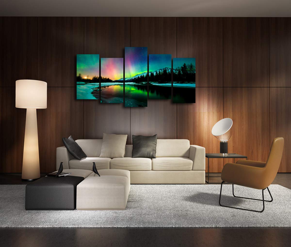 S01927 5 Pieces Wall Art Aurora scenery Painting on Canvas Stretched and Framed Canvas Paintings Ready to Hang for Home Decorations Wall Decor