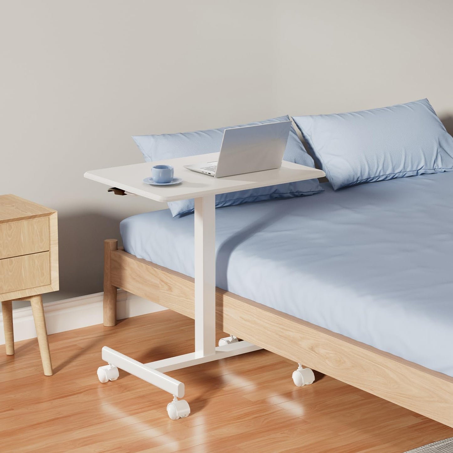 JUNHEDAMAI Mobile Standing Desk Adjustable Height, Portable Rolling Laptop Desk with Lockable Wheels and Hook, Sit Stand Up Desk, Standing Rolling Cart Desk with Gas Spring for Home, Office, Hospital