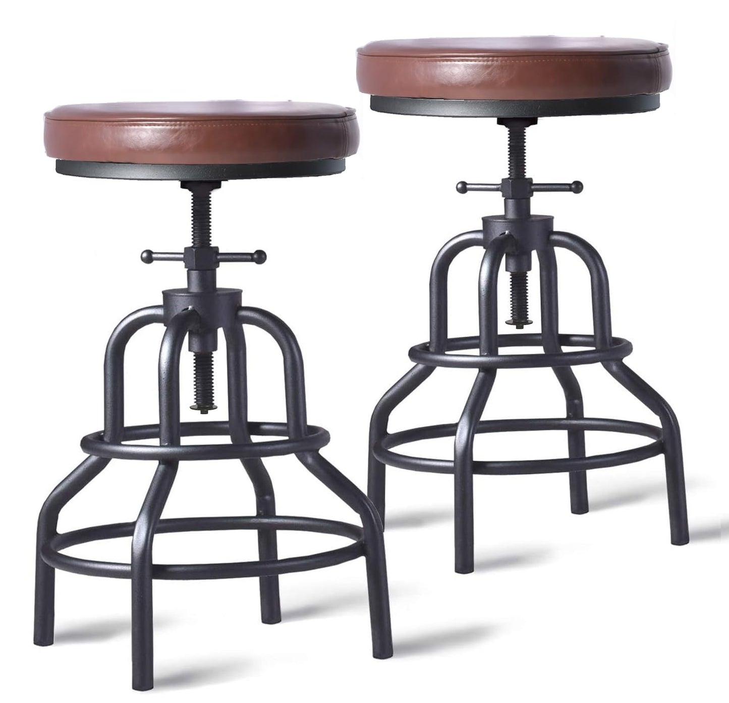 LOKKHAN Industrial Bar Stools-Swivel Leather Metal Bar Stool-20-27 Inch Tall Counter Height-Adjustable Kitchen Stool Dining Chair Cafe Stools (Set of 2)