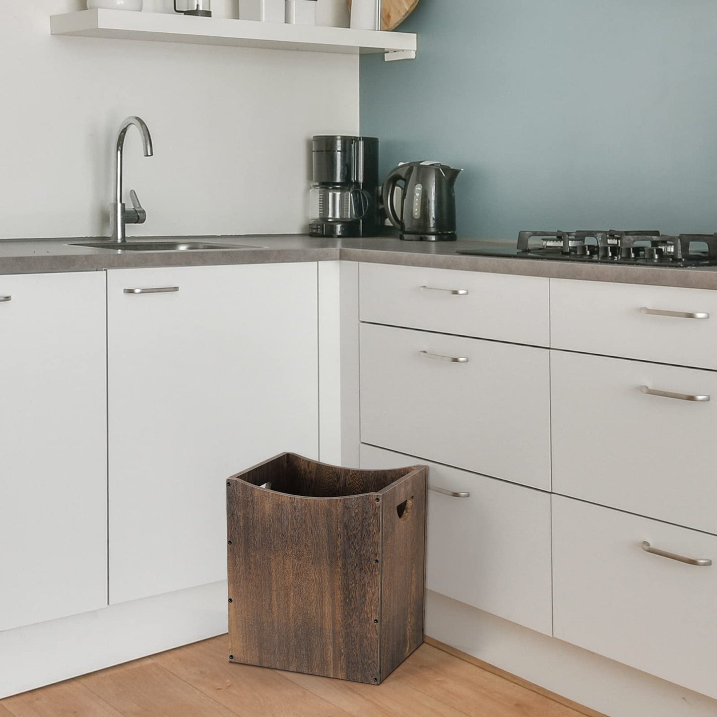 Vrisa Wood Trash Can 5.3 Gallon Office Wastebasket Farmhouse Rectangular Garbage Can with Built-in Handles Small Trash Can for Bedroom Office Kitchen Bathroom Under Desk Large Storage