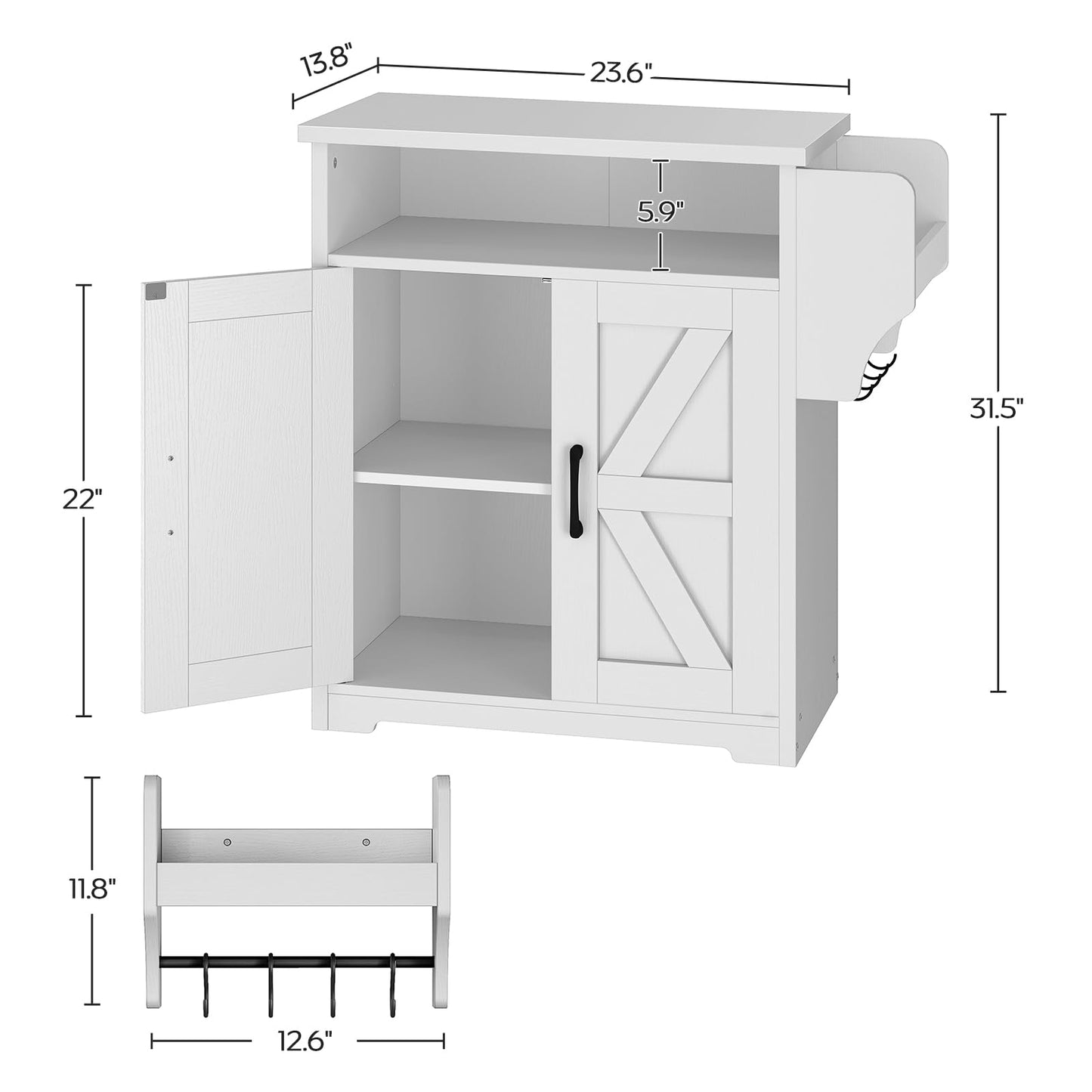 YATINEY Coffee Bar Cabinet, Kitchen Island with Storage, Farmhouse Sideboard Buffet Cabinet with Dual-Purpose Floating Shelf and Hooks, for Kitchen, Restaurant, Living Room, White KF22WT