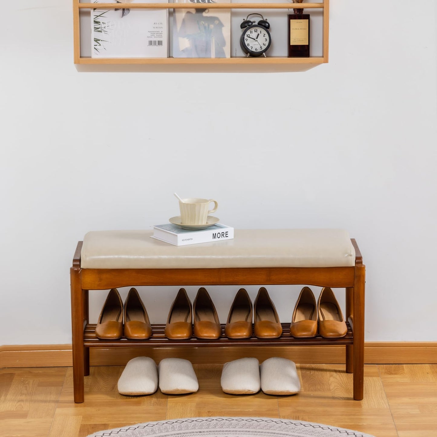 SOBIBO Entryway Shoe Bench with Cushioned Seat, 2-Tier Rubberwood Shoe Rack Storage Organizer for 8-12 Pairs, 31.5" Shoe Storage Bench (Beige)