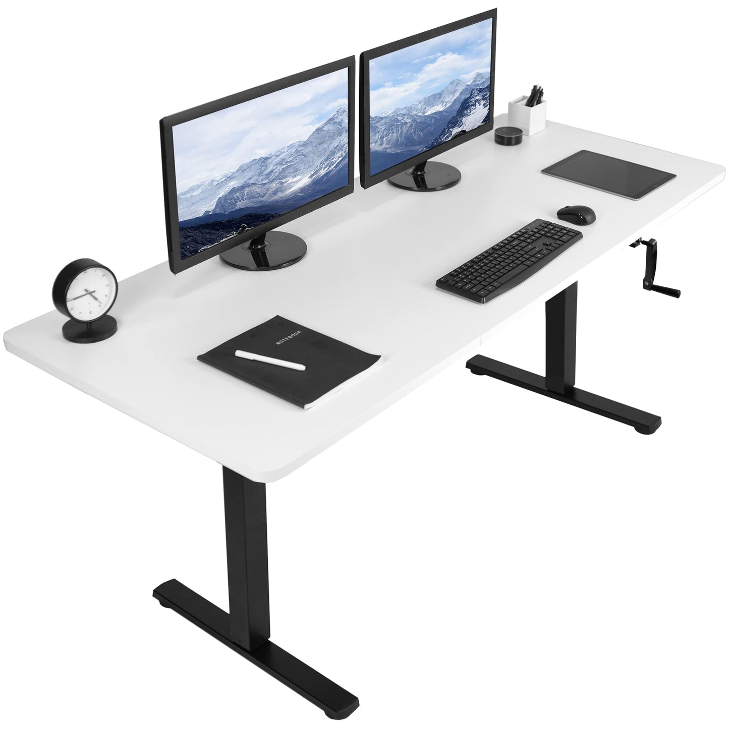 VIVO Manual Height Adjustable 71 x 30 inch Stand Up Desk, White Table Top, Black Frame, Standing Workstation with Foldable Handle, DESK-KIT-MB7W