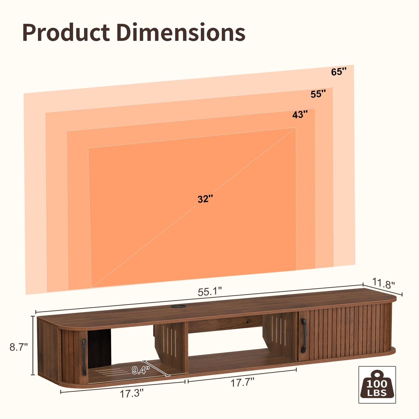 Snughome 55" Floating TV Stand for TVs up to 65", Fluted Floating Entertainment Center with Sliding Door, Wall Mounted TV Shelf, Mid-Century Modern TV Console for Living Room, Bedroom