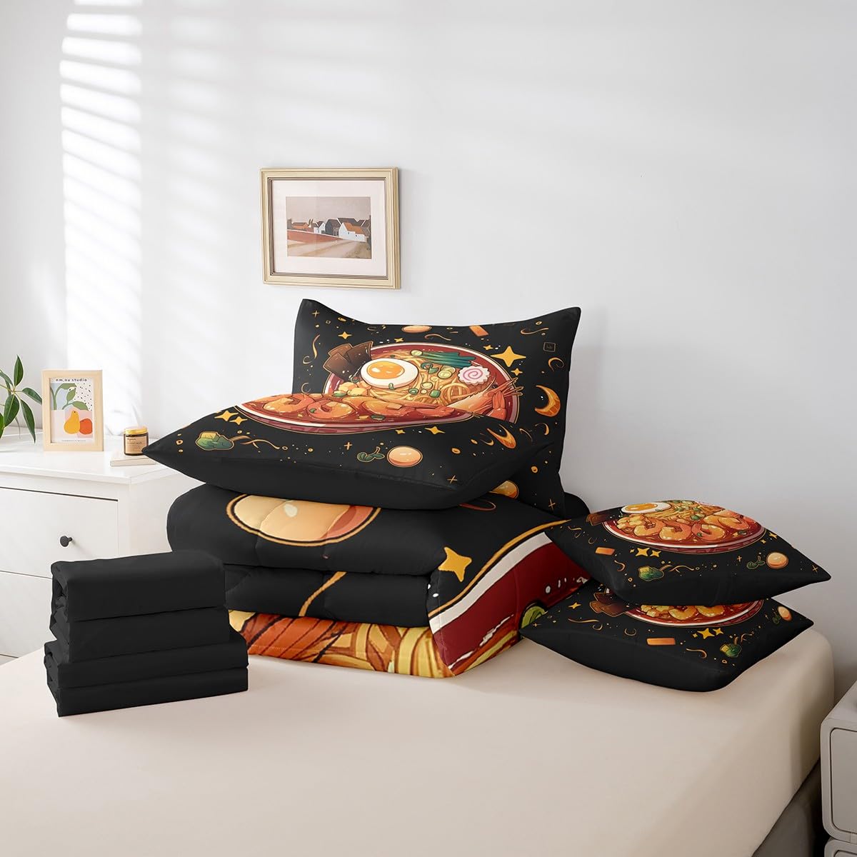 Erosebridal 7 Piece Ramen Noodle Queen Comforter Set,Japanese Anime Bedding Set Ramen Gifts for Kids Girls Boys,Funny Food Themed Bed Set with Fitted+Flat Sheet,Pillowcases,Throw Pillow Covers