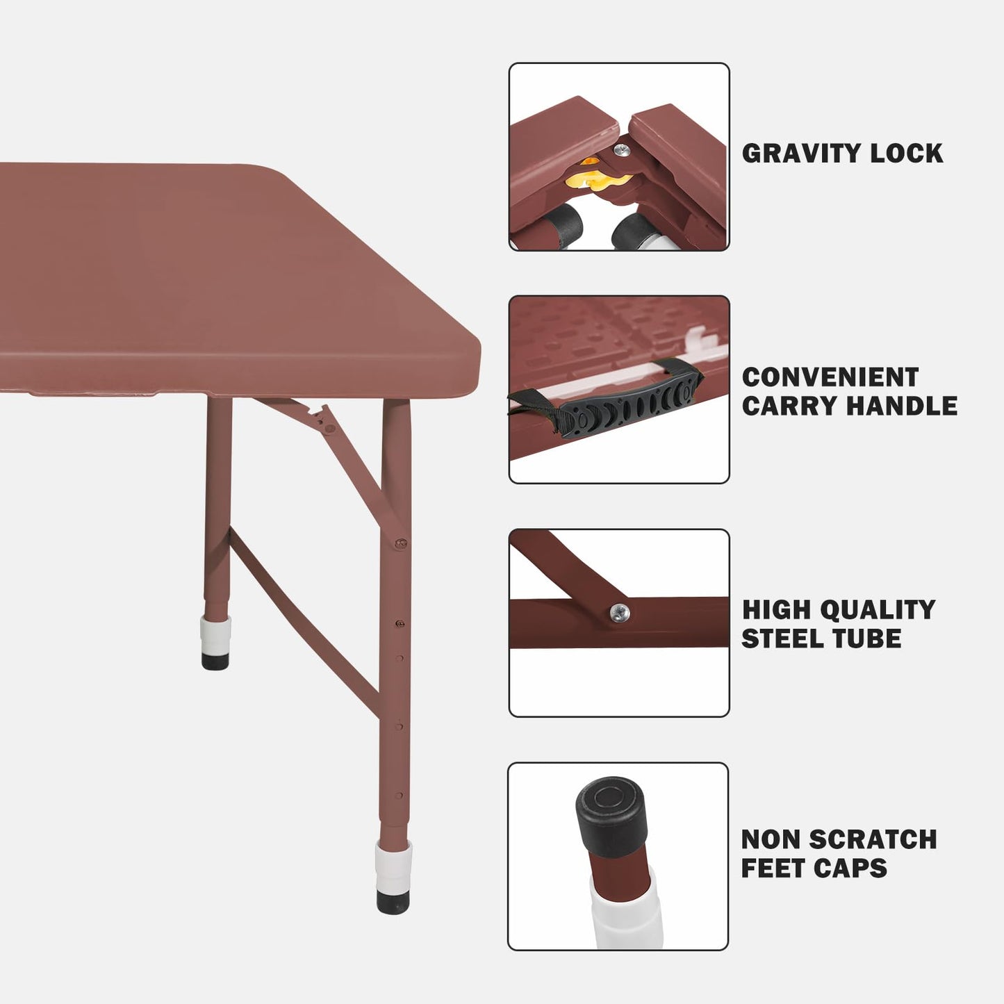 SculPong 4 FT Folding Table with Carry Handle, Portable Fold-in-Half Plastic Table, Rectangle Foldable Table for Indoor/Outdoor Brown