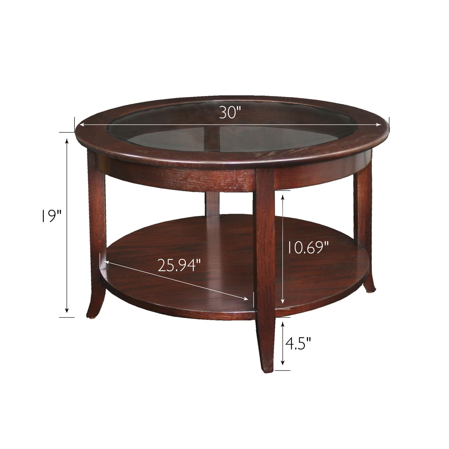 Leick Home Sheldon Coffee Table, Solid Wood, Round, with Glass Top and Shelf, Chocolate Oak, 10037