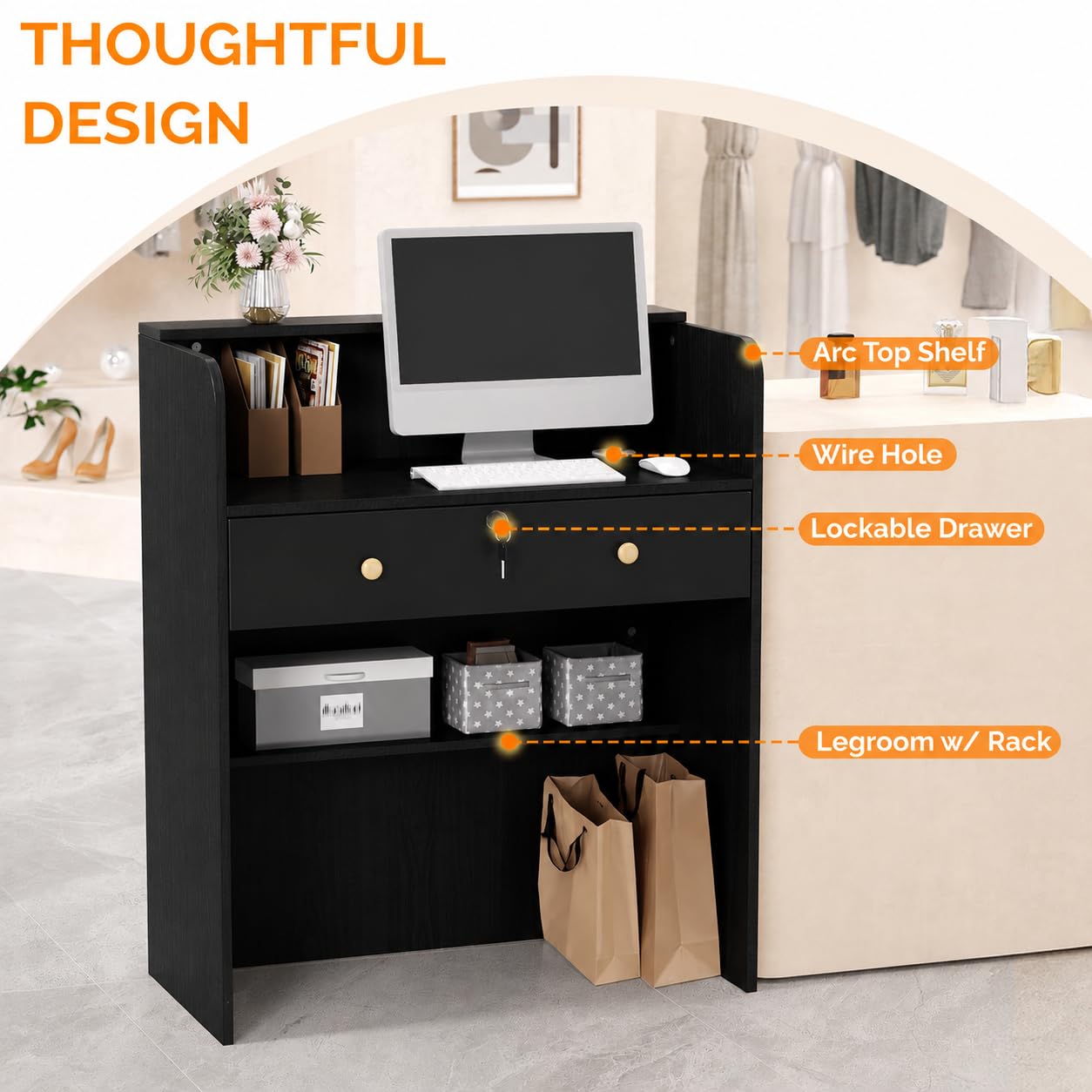 wupeiaoo Reception Desk with Counter, Modern Black Reception Desk with Drawers, Front Retail Counter for Checkout, Lobby, Beauty Salon, Home Office