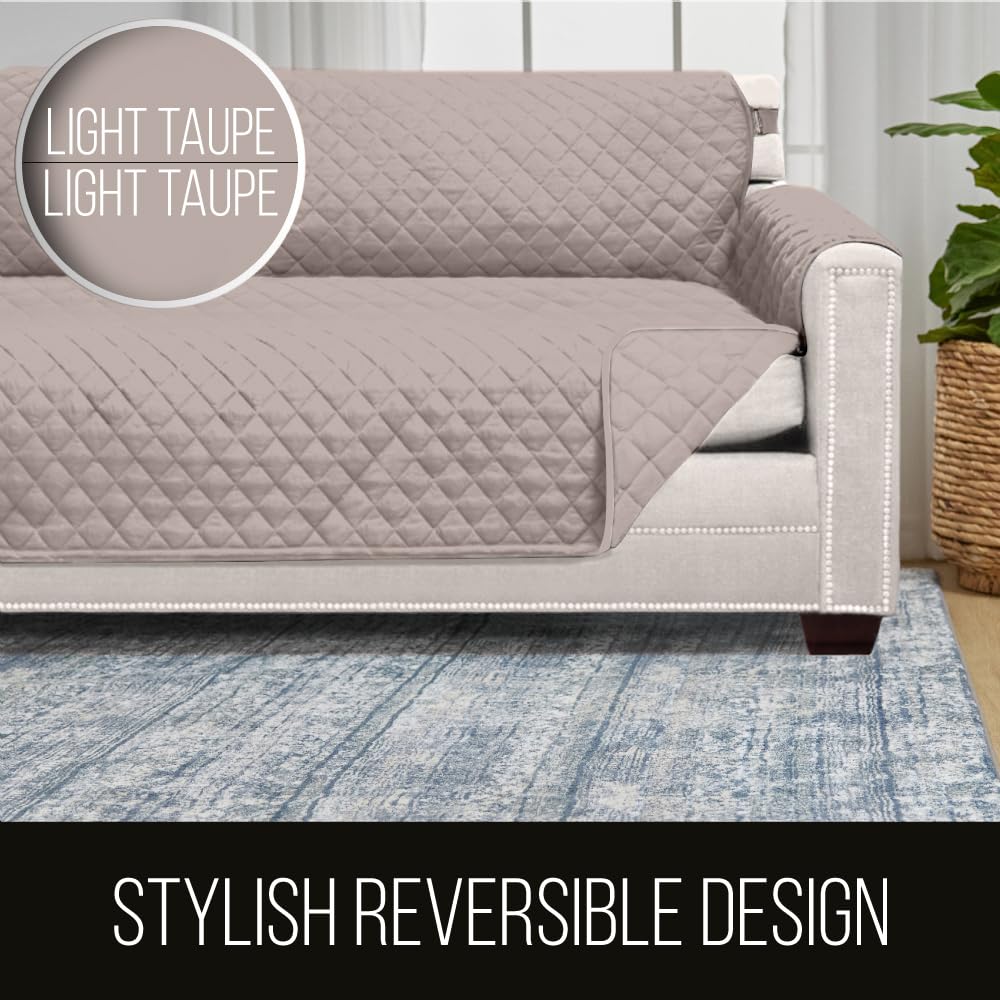 Sofa Shield® Couch Slip Covers for Dogs, Reversible Furniture Protector with Strap, Stain and Tear Resistant Cushion Cover, 70 inch Seat, Machine Washable Slipcover Pets, Cats, Light Taupe