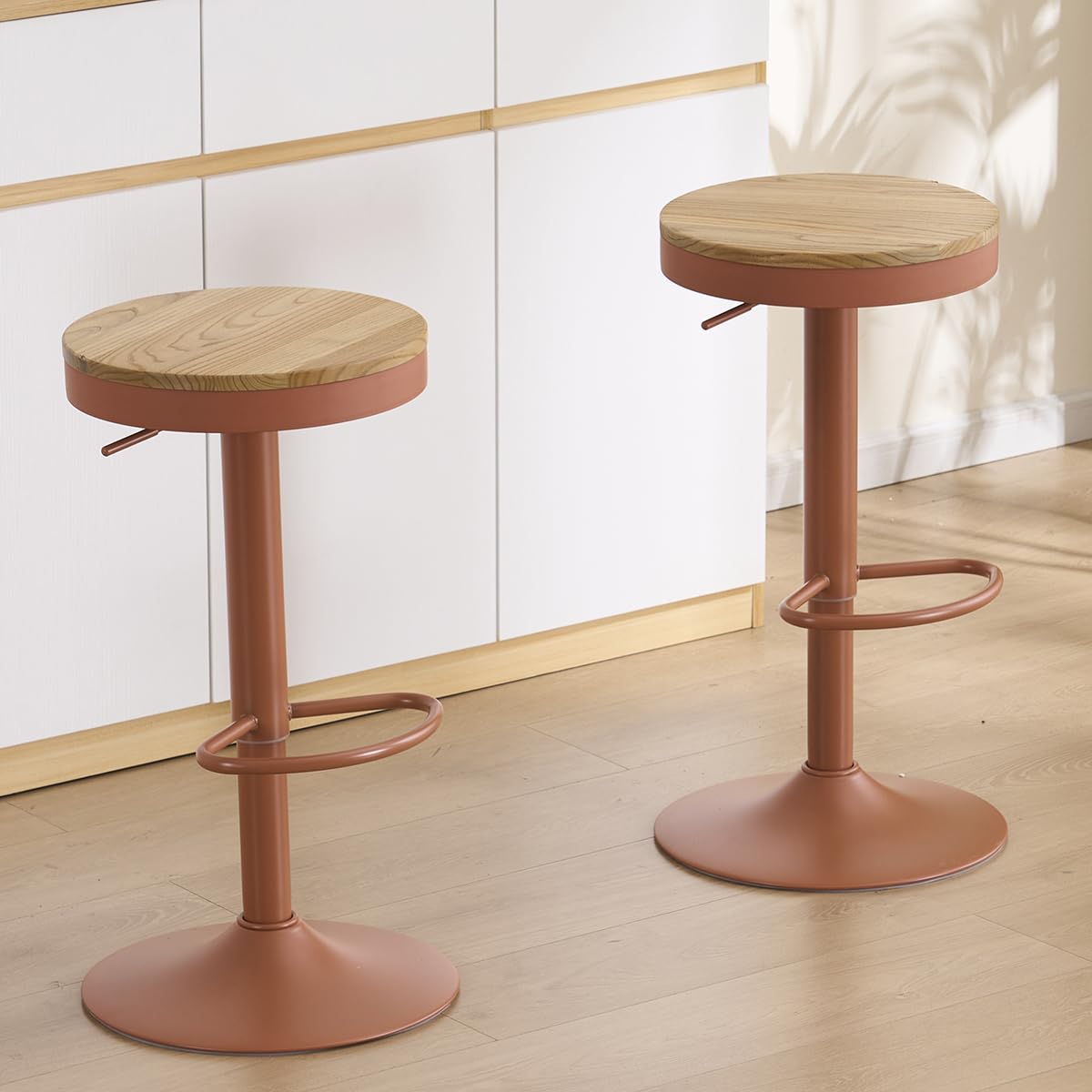 Kidol & Shellder Bar Stools Set of 2 Round Adjustable Swivel Barstools Modern Backless Bar Chairs Wooden Seat Counter Height Stools Armless for Kitchen Island, Cafe, Dining Room Terracotta