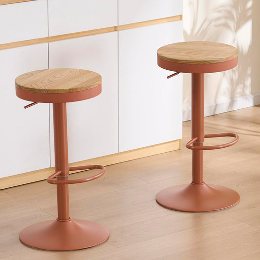 Kidol & Shellder Bar Stools Set of 2 Round Adjustable Swivel Barstools Modern Backless Bar Chairs Wooden Seat Counter Height Stools Armless for Kitchen Island, Cafe, Dining Room Terracotta