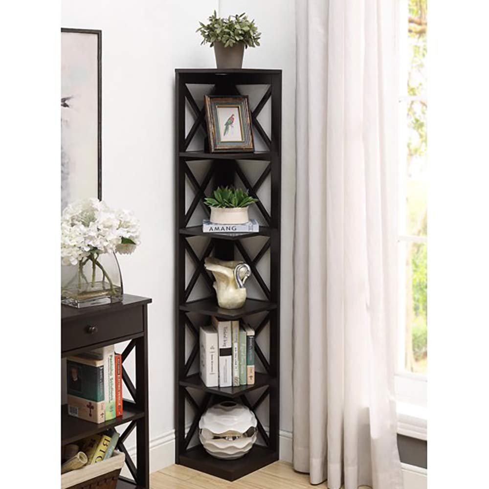 Convenience Concepts Oxford Corner Bookcase 12" - 5-Tier Slim Farmhouse Bookcase for Modern Living & Family Room, Media Storage Organizer for Home Office Library, Tall Shelving Unit, Black
