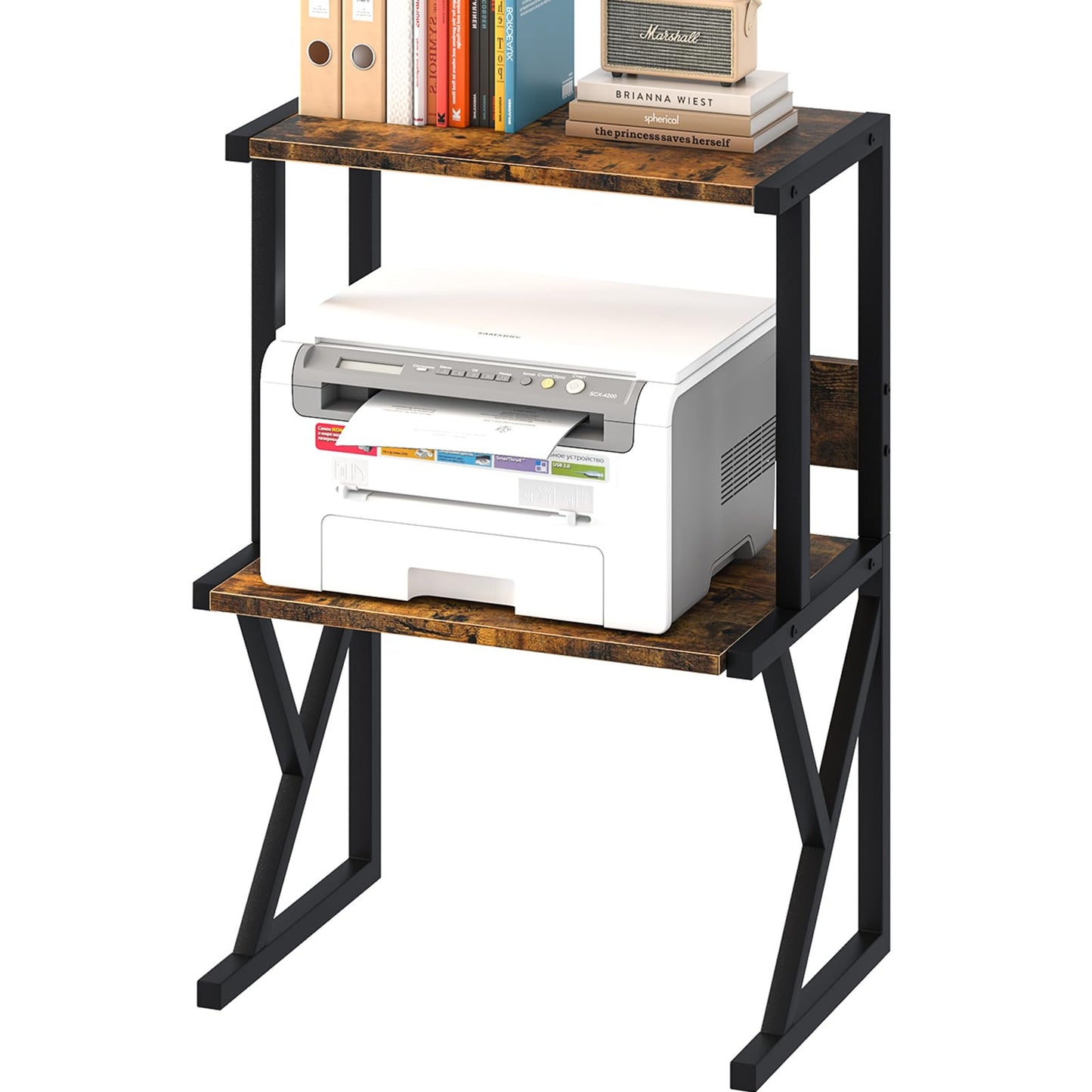 aboxoo Desktop Printer Stand with 3 Tier Wood Storage Shelves,Under Desk Printer Table,Multi-Purpose Home Office Desk Organizer for Fax Machine, Scanner (Brown)