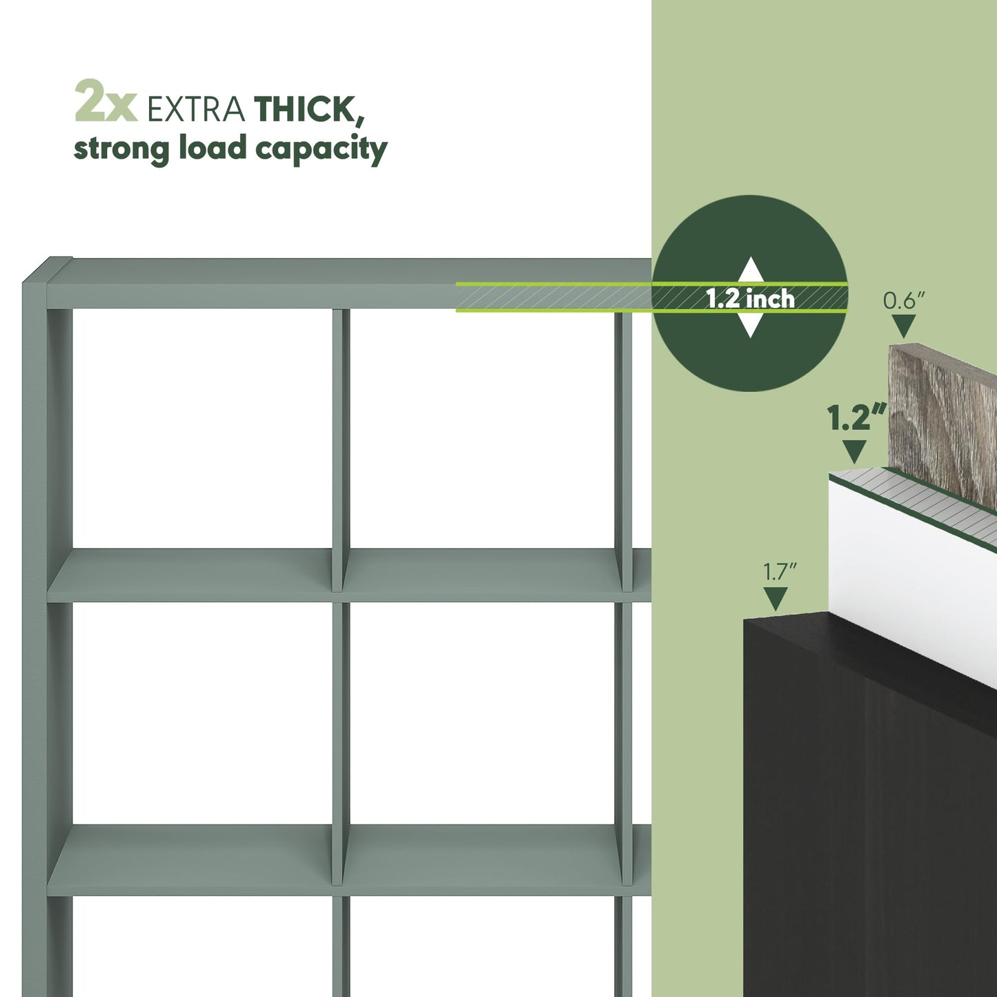 Furinno Cubicle Book Shelf, 9-Cube Bookshelf, Extra Thick Frame Reversible Bookcase with Open Back, 14.6" x 44" x 44", for Living Room, Bedroom, Home Office, Sage Green