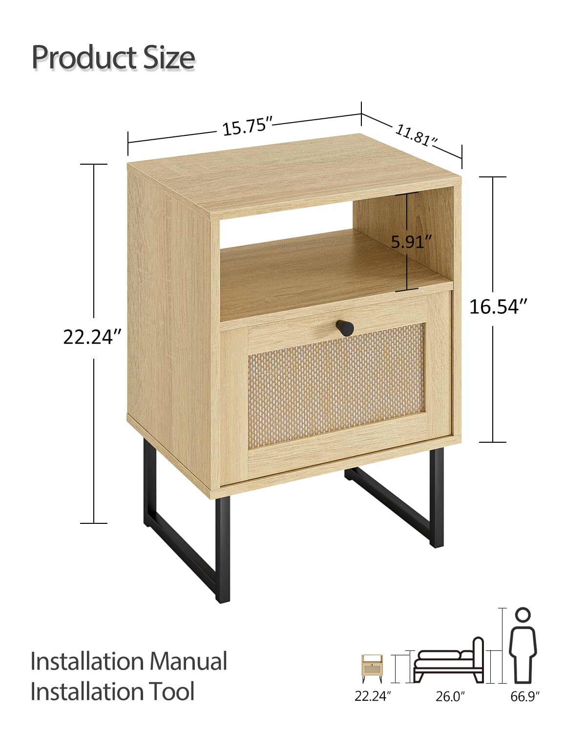 Masupu Rattan Nightstand,Modern Boho Farmhouse Wood Bedside Table with Storage Drawer and Open Shelf,Small Black Frame Side End Table for Bedroom,Living Room,Office (Natural)