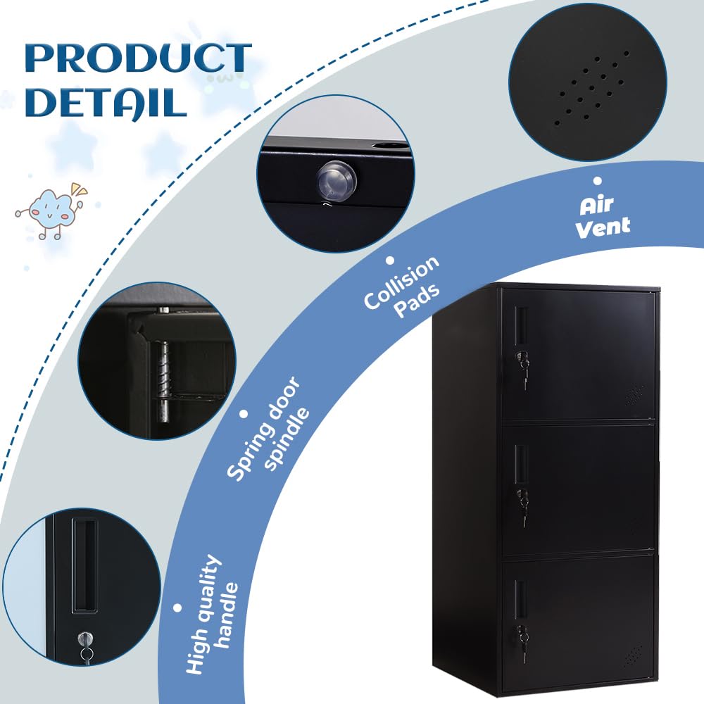 DAYTOYS 3 Door Metal Vertical Storage Locker for Kids Bedroom, Children Room, School, Office, Home,Stackable Steel Storage Cabinet for Toys, Sports Equipment,Anti-Falling Device. (3D, Black)