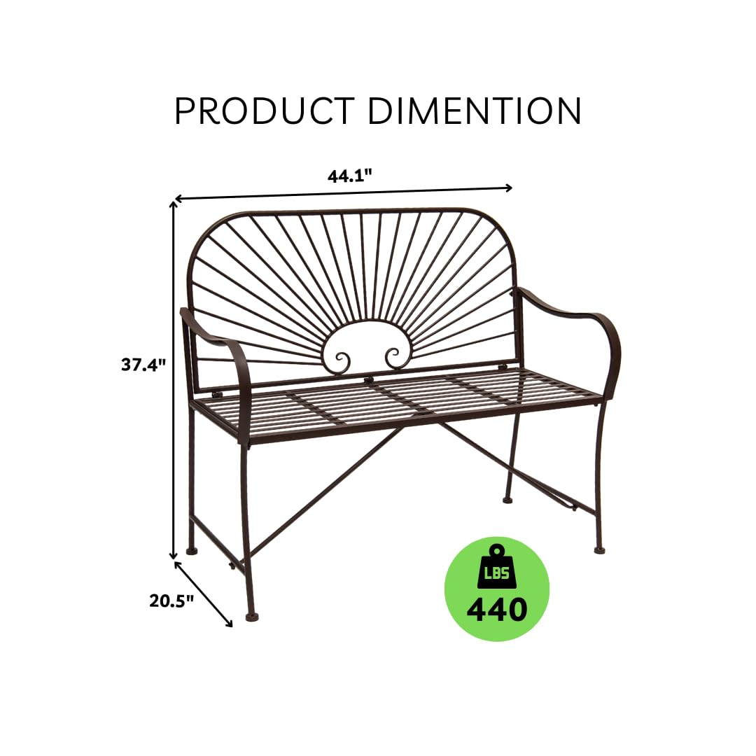 XBrand 44" L Iron Sun-Patterned Seat for Two, Patio & Porch Furniture for Park, Yard, Lawn, Balcony, Backyard – Brown