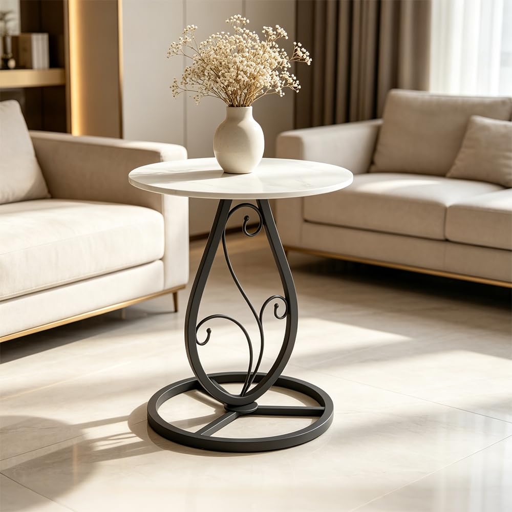 Round End Table Living Room, BOHO Small Side Table with Luxury Marble Top & Black Metal Base, Modern Coffee Accent Table, Bedside Nightstand for Bedroom, Sofa End Table for Couch Outdoor Patio (Black)