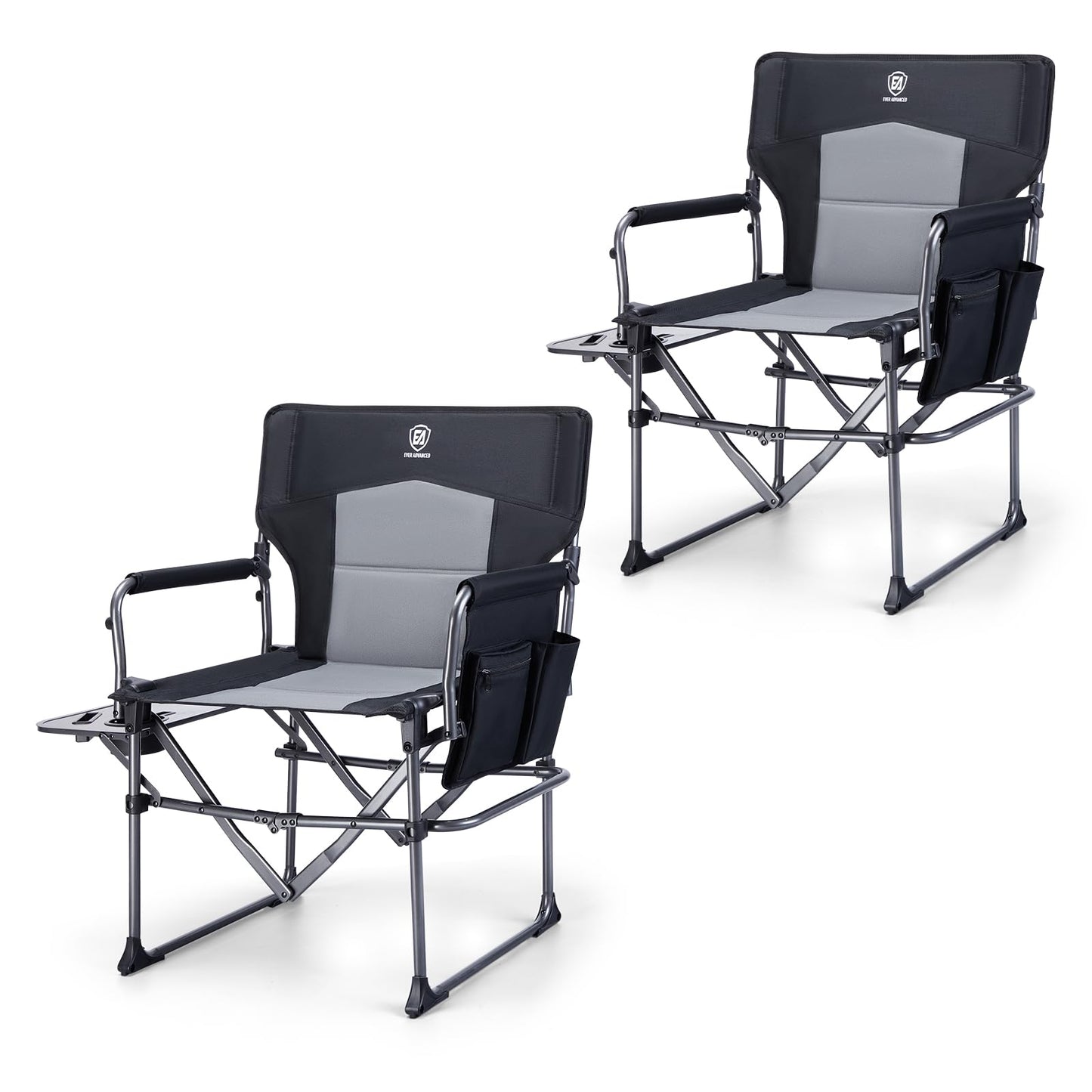 EVER ADVANCED Camping Directors' Chair with Side Table, Portable Folding with Compact Size, Heavy Duty Lawn Chair with Pocket for Camping, Lawn, Sports and Fishing, 400lbs, Black 2 Pack