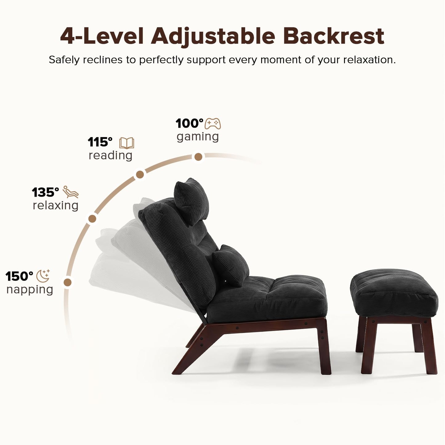 GEMBED Accent Chair with Ottoman Adjustable Backrest, Comfy Lounge Chair Single Sofa with Headrest Lumbar Pillow, Reading Chair with Footrest for Bedroom, Living Room, Dark Grey