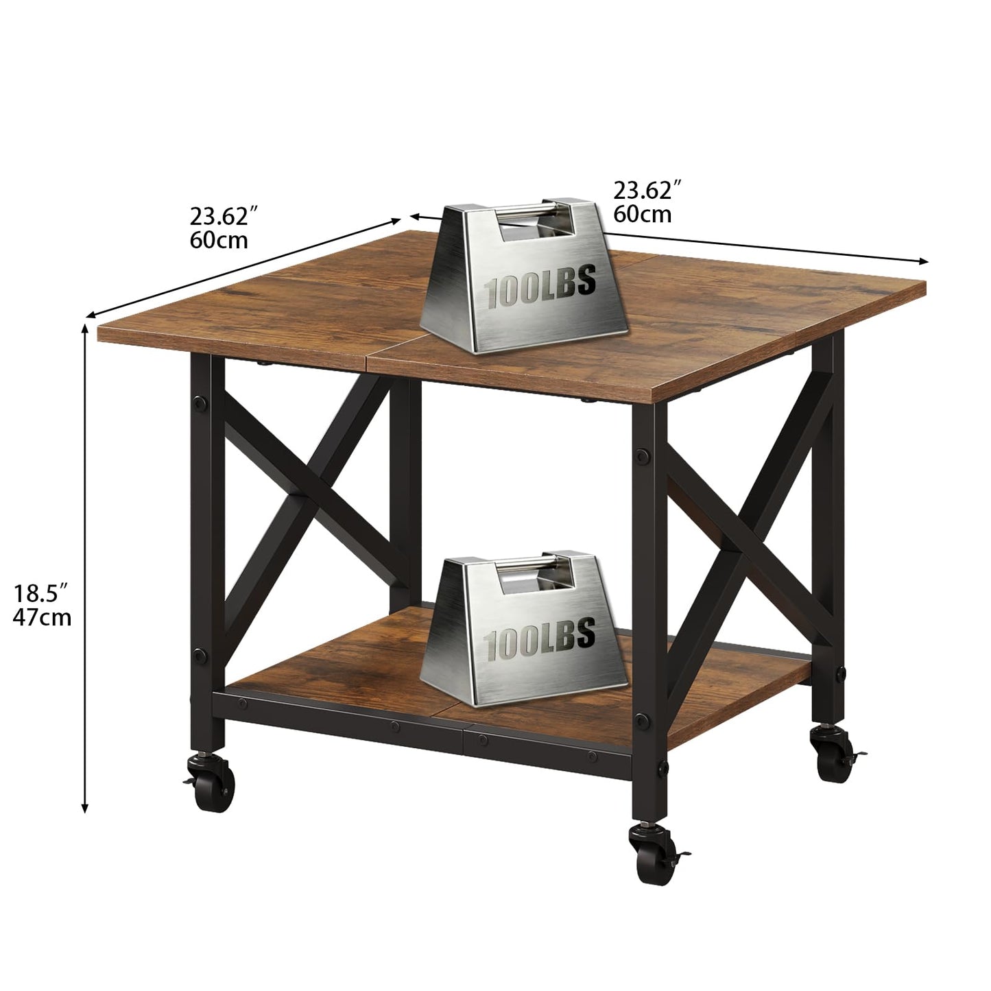 VENNQD 2 Tier Printer Stand, 23.6'' x 23.6'' Large Table with Storage Shelf, Rolling Printer Cart with Wheels, Laser Printer Table for Home Office Living Room Scanner Fax Machine, Rustic Brown