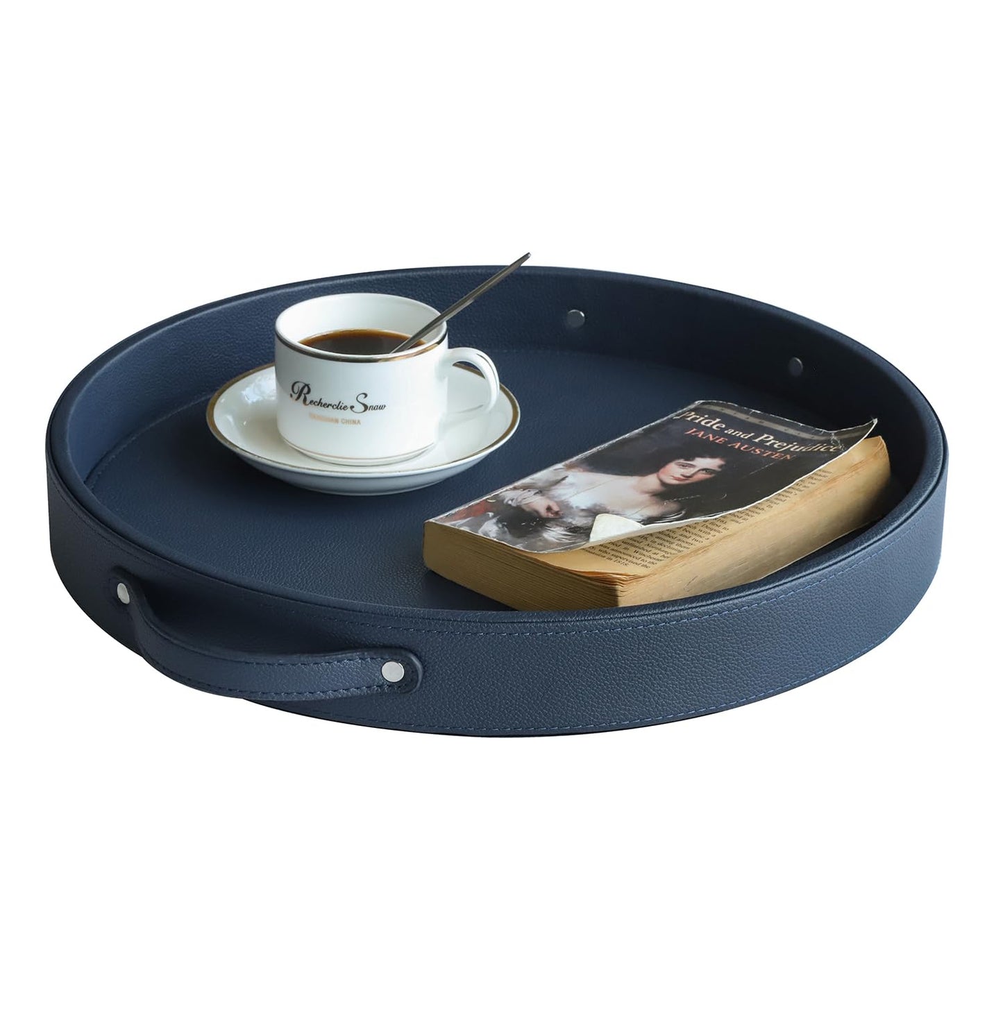 HofferRuffer Top Nocth PU Leather Round Serving Tray, Decorative Serving Tray with Handles, Coffee Tray, Ottoman Tray for Home Or Office, Diameter 14.6-inch (Dark Blue)
