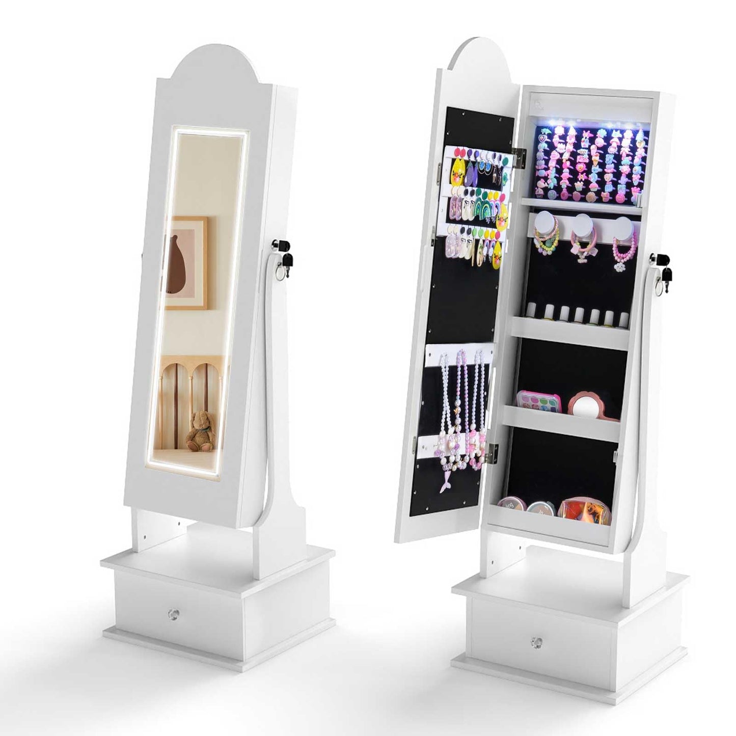 INFANS Kids Jewelry Armoire Cabinet with LED Lights, Lockable Standing Organizer with Full-length Mirror, Unicorn Theme Children Vanity Dress Up Storage Rack for Girls