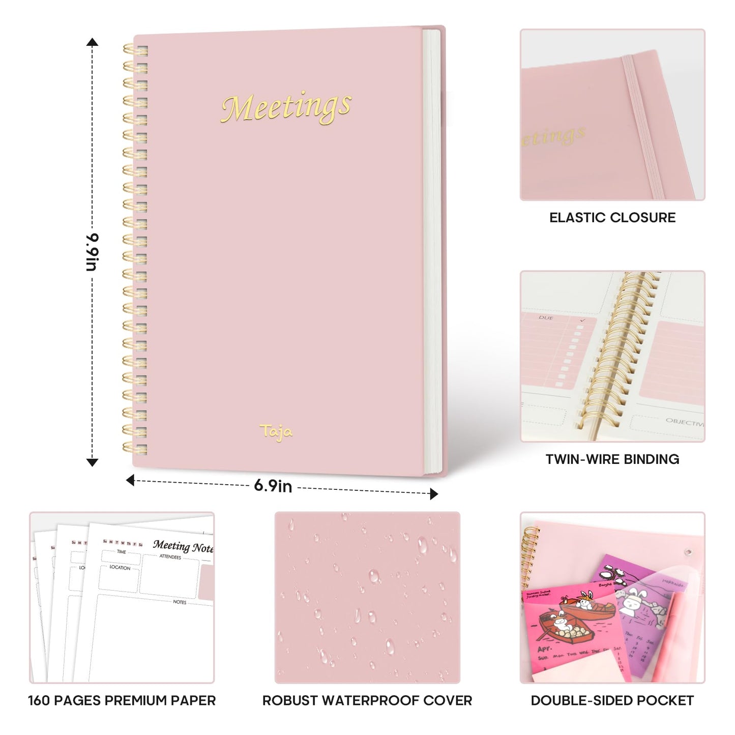 Meeting Notebook for Work Organization - Work Planner Notebook with Action Items, Agenda Planner for Note Taking, 160 Pages (6.9" X 9.9") Project Organizer for Men & Women - Pink