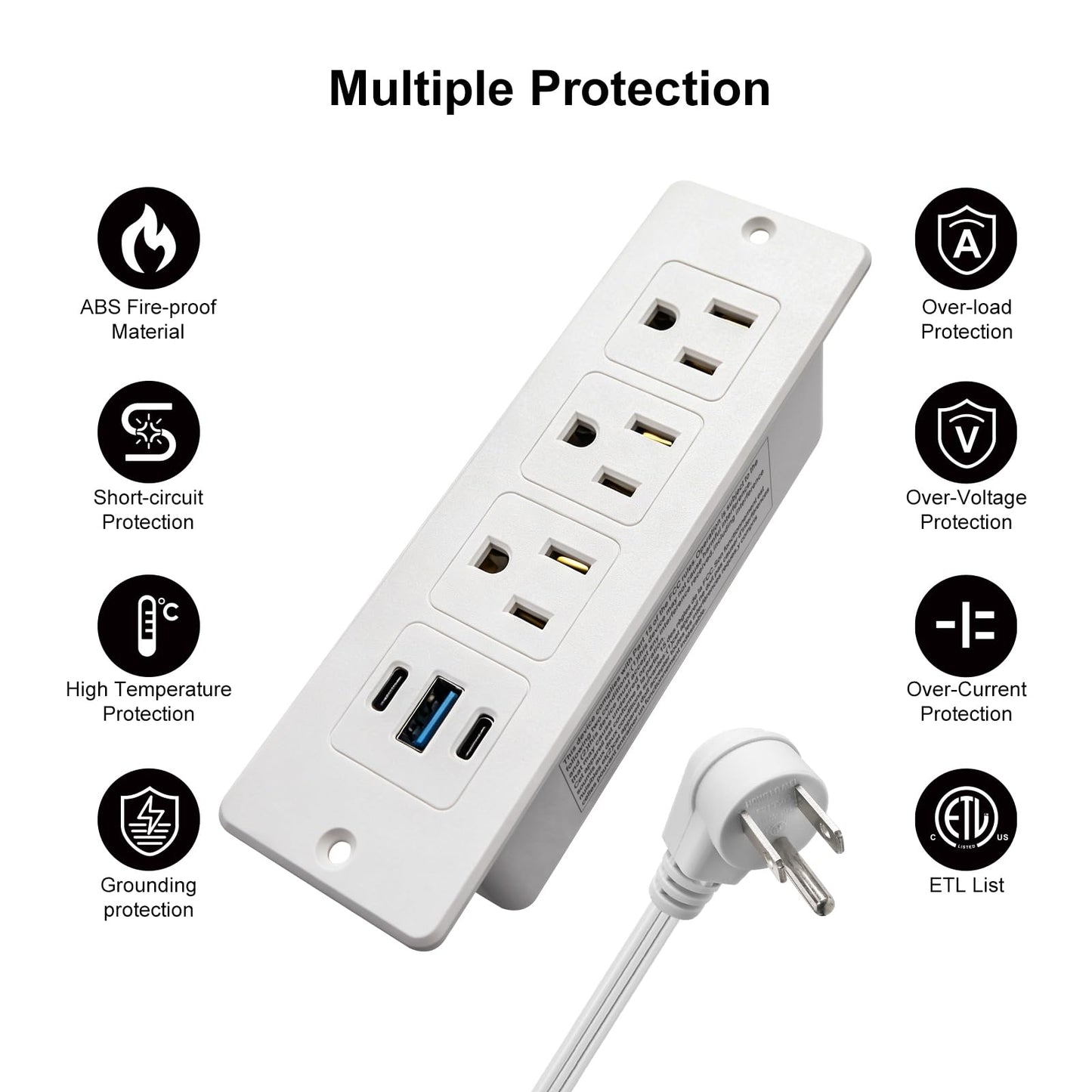 Furniture Recessed Power Strip with USB C 20W & USB A 18W,3 Outlets 3 USB Ports(2 USB C+1 USB A),Flush Mountable Electrical Outlet for Desk Cabinet Nightstand Counter, 6.56ft Flat Plug Cord (White)