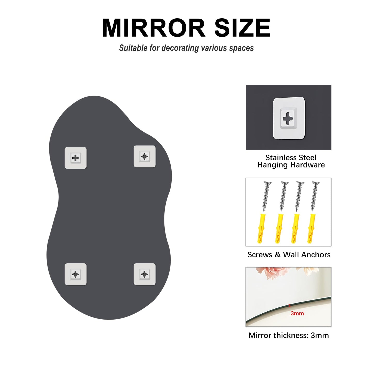 YIROMAN Irregular Frameless Mirror,18"x32" Asymmetrical Wave Frameless Vanity Bathroom Wall Mirror,Modern Decorative Mirrors for Entryway, Bedroom, Living Room, Cloakroom