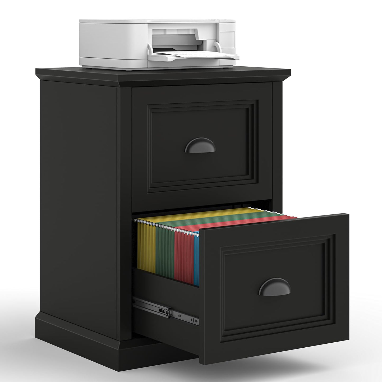 Halitaa Vertical File Cabinet, Filing Cabinet with 2 File Drawers, Farmhouse Small File Cabinet Fits Letter/A4 Size, Wooden Printer Stand, Under Desk Cabinets for Home Office, Black