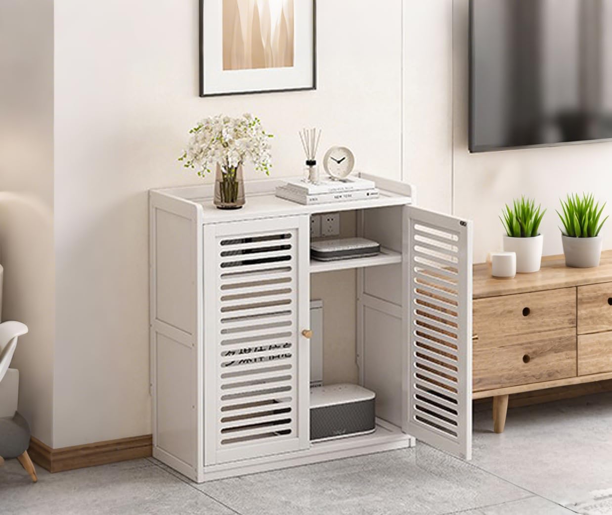 GODNOEI Large WiFi Router Cabinet Floor Standing Storage Box Modem Organizer for Home Office Bedroom White