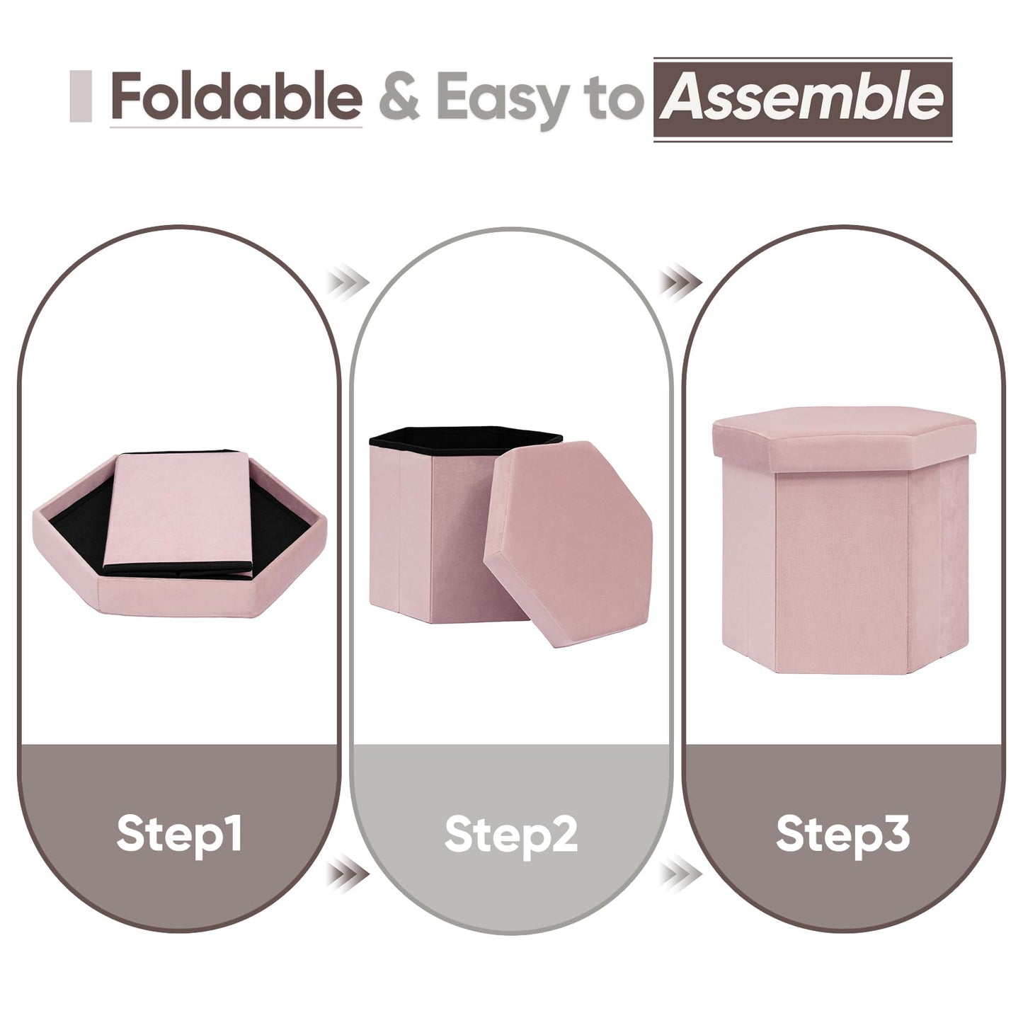 ZOLANOful Hexagon Storage Ottoman for Small Spaces, Velvet Accent Footstool with Hidden Storage, Foldable Ottoman Seat for Living Room, Bedroom, Dorm & Entryway, Blush Pink, 15 x 16.9 x 15 Inch