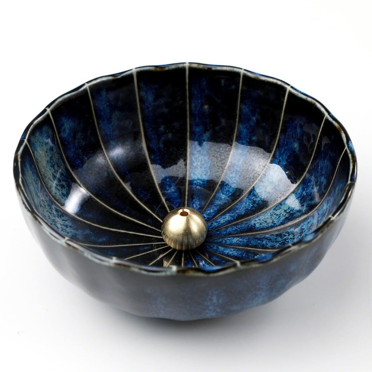Asayu Japan Lotus Incense Holder for Sticks 4.1 inch (105 mm), Traditional Made in Japan Ceramic Ash Catcher and Brass Incense Burner Set - Navy Dark Blue Lotus