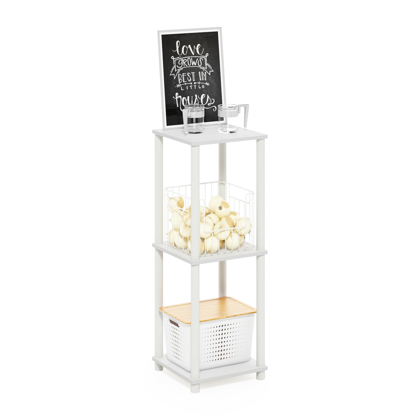 Furinno Turn-N-Tube Side Table Set of 2, 2-Tier Stackable Modern End Table with Open Shelf, Toolless Night Stand, Bedside Table, for Living Room, Bedroom, White