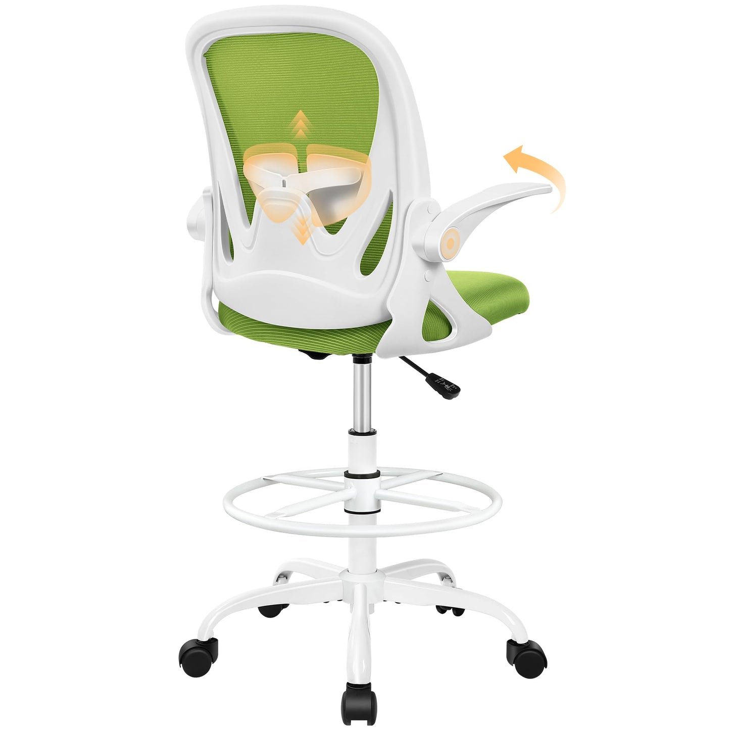 Primy Drafting Chair Tall Office Chair with Flip-up Armrests Executive Ergonomic Computer Standing Desk Chair with Lumbar Support and Adjustable Footrest Ring (Green)