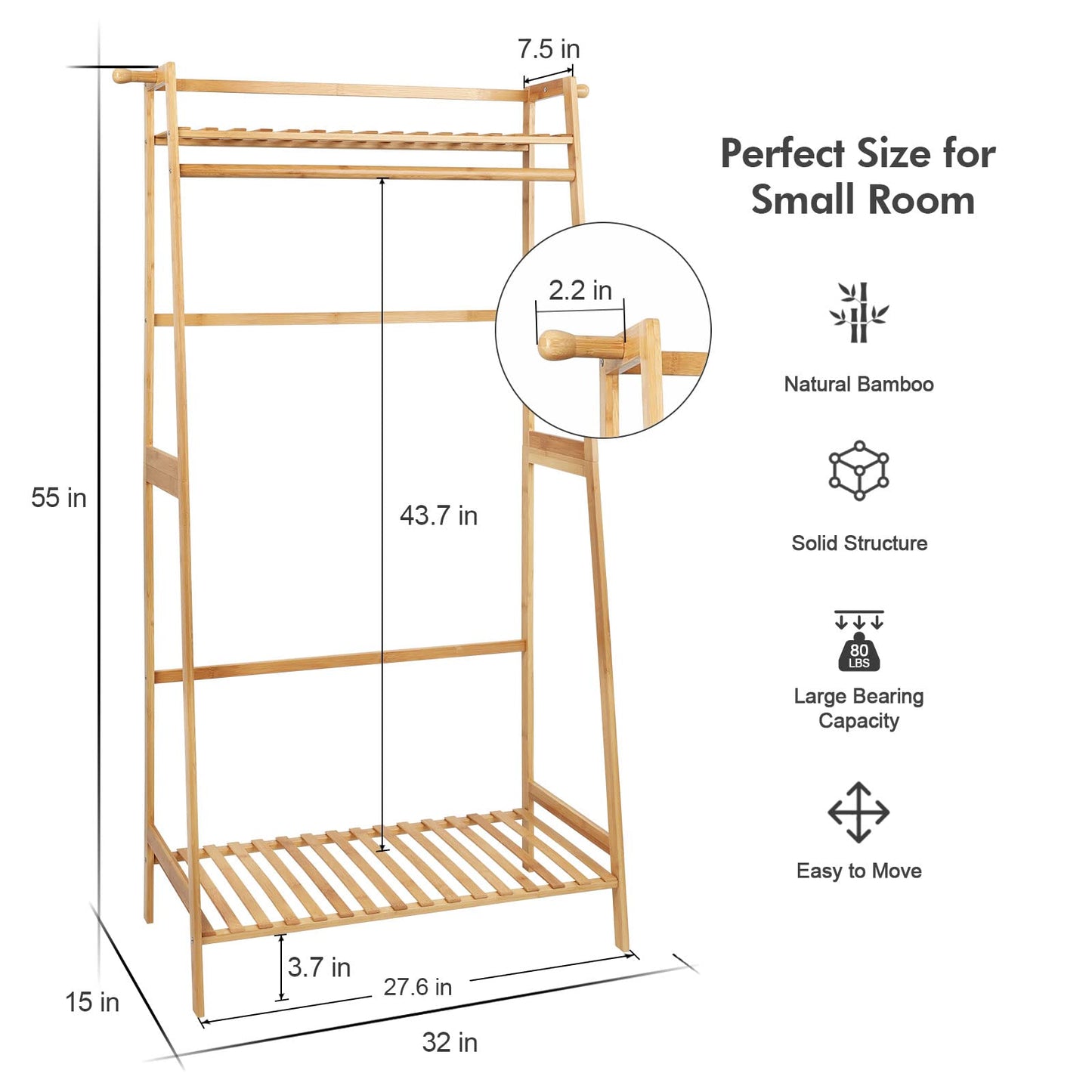 Ufine Bamboo Clothes Hanging Rack with 2 Tier Storage Shelves, 2 Coat Hooks