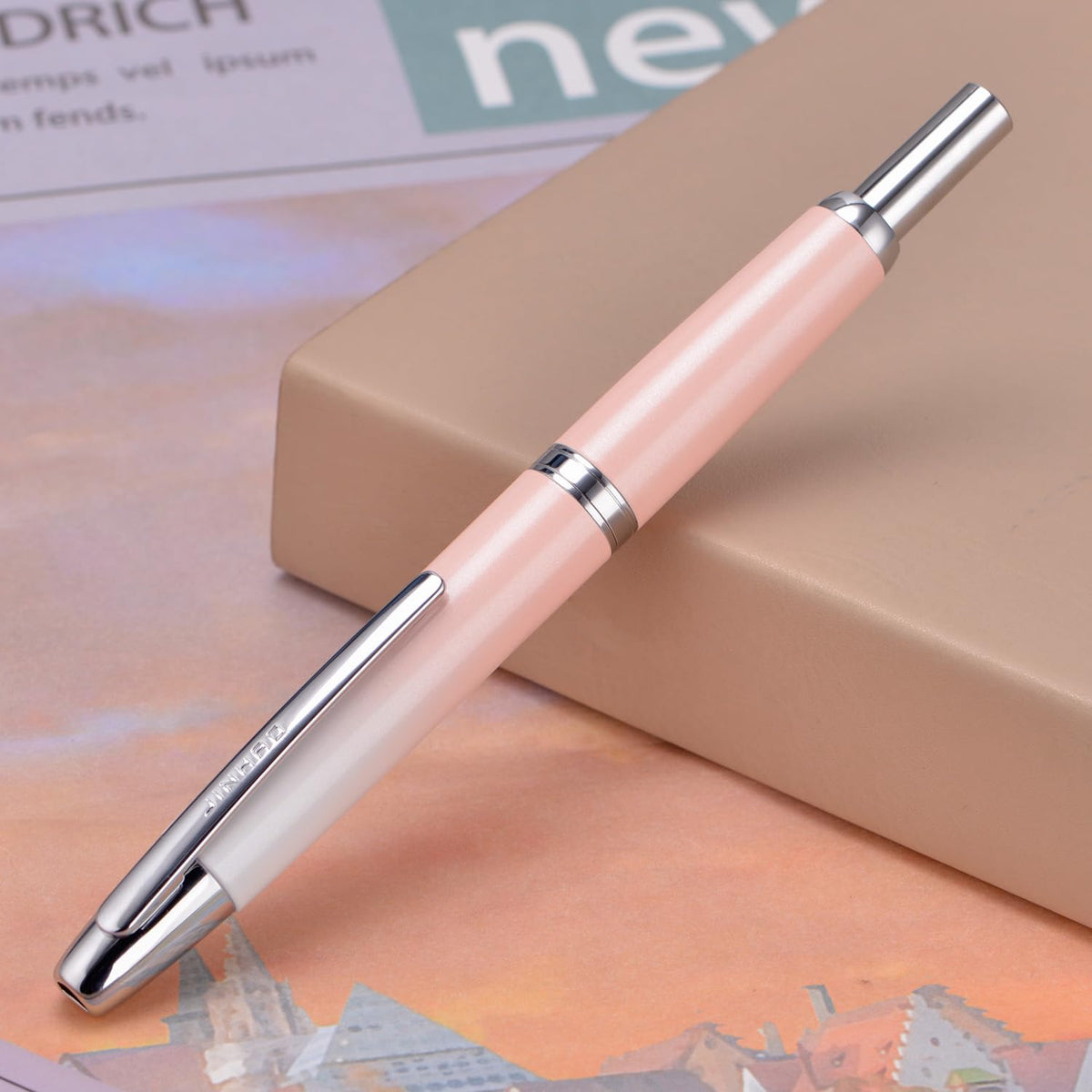 Jinhao 10 Press Fountain Pen with Box, Gradient Peach Pink Retractable Extra Fine Nib with Ink Converter Set (Silver Clip)