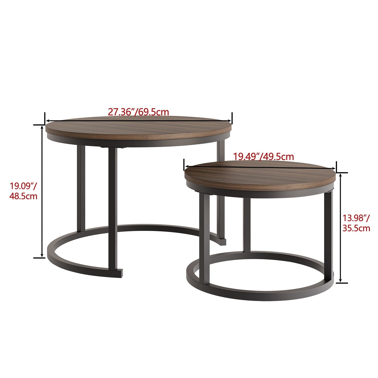 HOJINLINERO Round Coffee Table,Nesting Coffee Table Set of 2,Center Tables for Living Room,Office, Home Small Space,Stacking Side Tables,Sturdy and Easy Assembly,Wood Desktop,Walnut+Black,Large