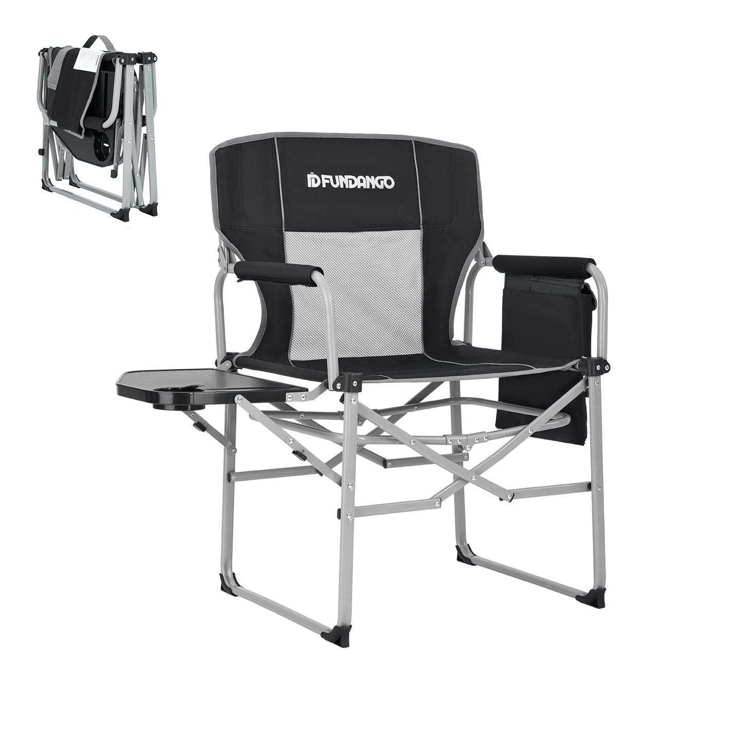 FUNDANGO Camping Directors Chair with Side Table, 32.6" D x 36.2" W x 39.3" H, Black