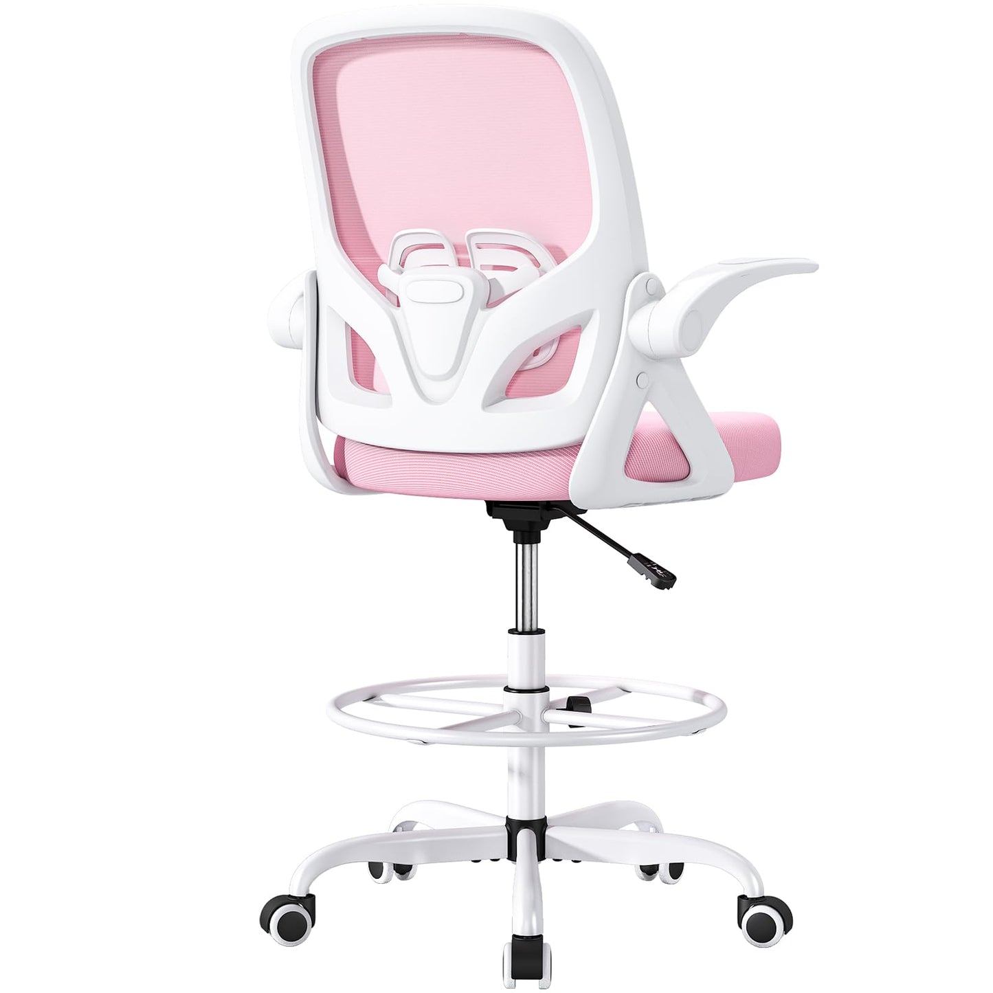ORRSAKER Drafting Chair, Tall Office Chair with Flip-up Arms, Mesh Ergonomic Computer Standing Desk Chair with Adjustable Height Foot Ring and Lumbar Support, 300 LBS Capacity, Pink