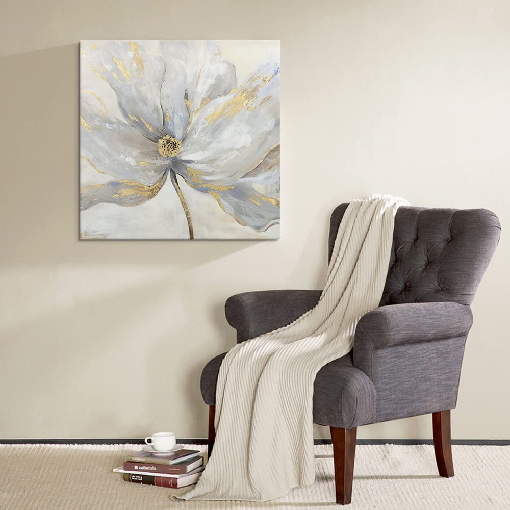 Goldfoilart Floral Wall Art Gold Flower Canvas Pictures with Foil Embellishment Painting Grey Print Framed Artwork for Bedroom Bathroom Living Room Office Wall Decor 24" x 24"